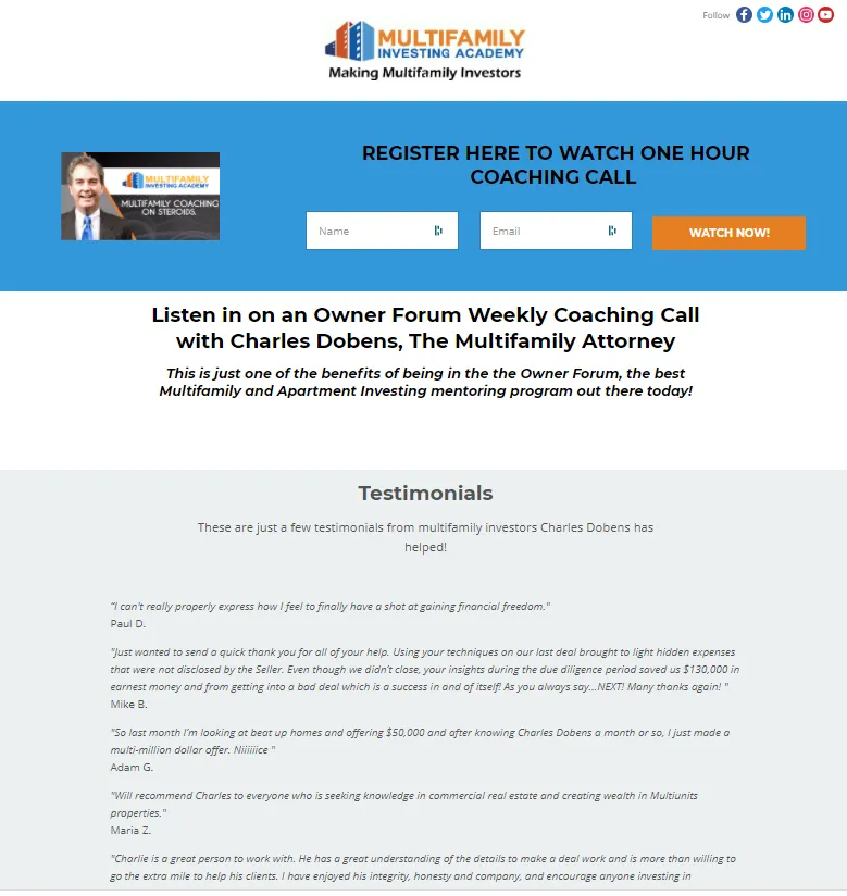 Opt-in page from Multifamily Investing Academy website