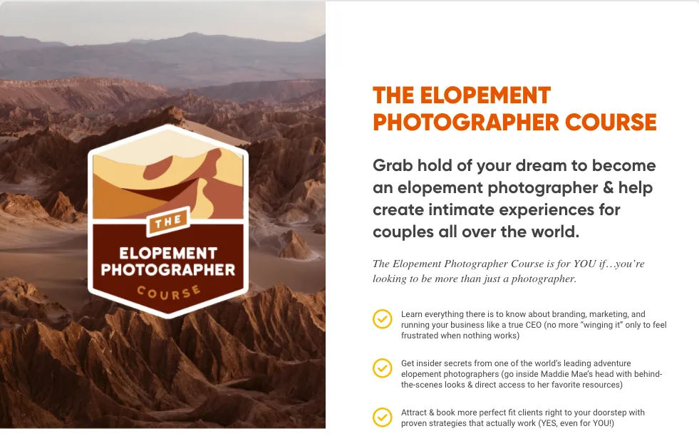 Screenshot of The Elopement Photographer Course, from the Adventure Island Academy website.