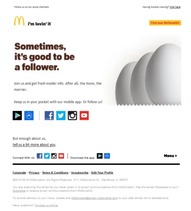 Screenshot of McDonald's email featuring three eggs standing in a row, with a message promoting their social media accounts