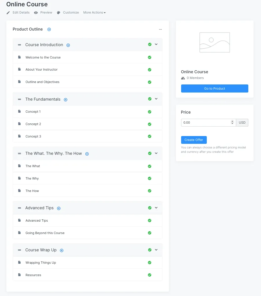 screenshot of a Kajabi Blueprint for an online course