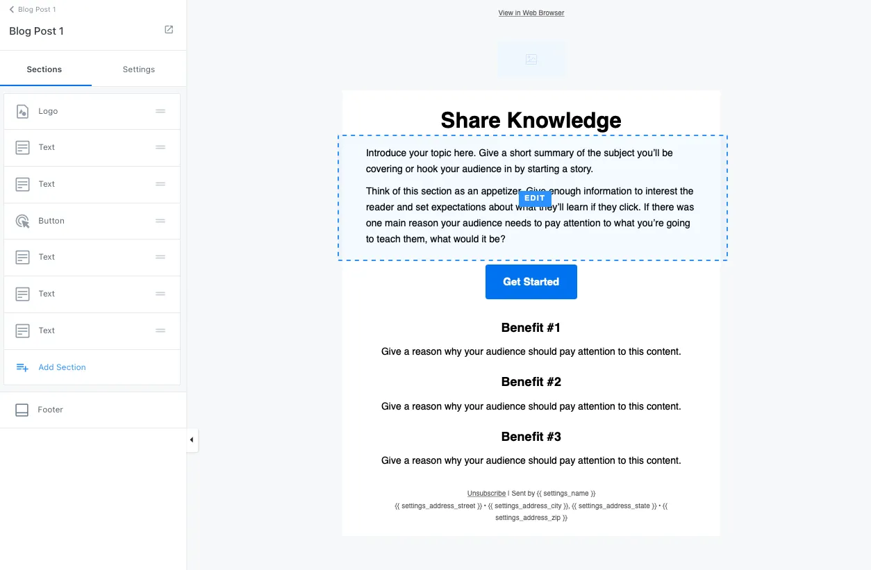 Screenshot of the Kajabi app email visual editor working on a templated email