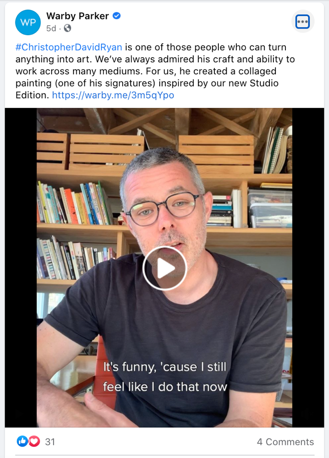 Warby Parker Facebook post of video showing man in black shirt sitting in front of wooden bookshelf speaking to camera