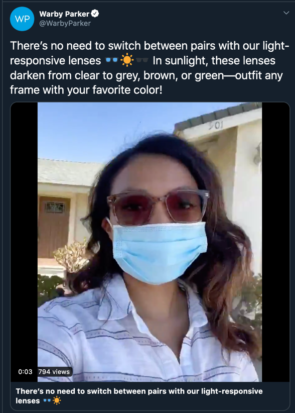Warby Parker tweet featuring video of woman in mask wearing Warby Parker transition glasses that have turned into sunglasses