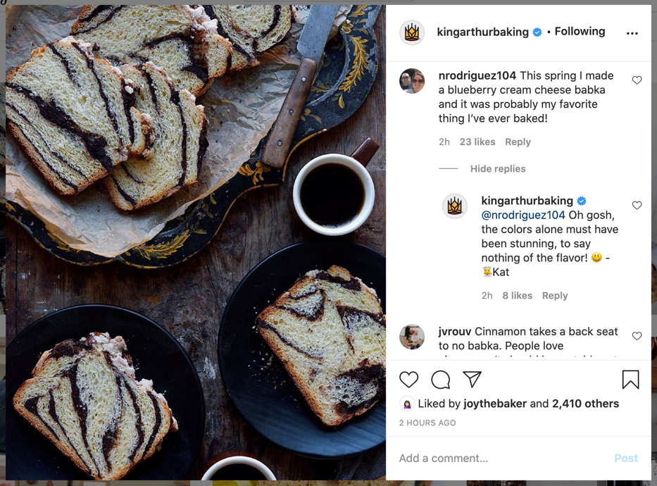 King Arthur Baking Company Instagram post showing cinnamon swirl bread, with comments section open on right-hand side