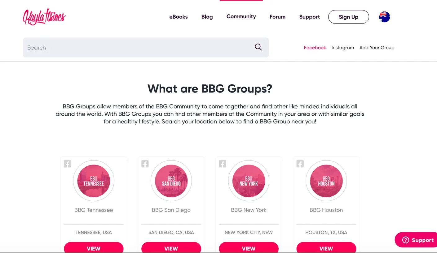 View of Kayla Itsines' community page highlighting local fitness groups