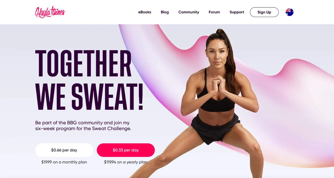 View of Kayla Itsines' personal training membership website