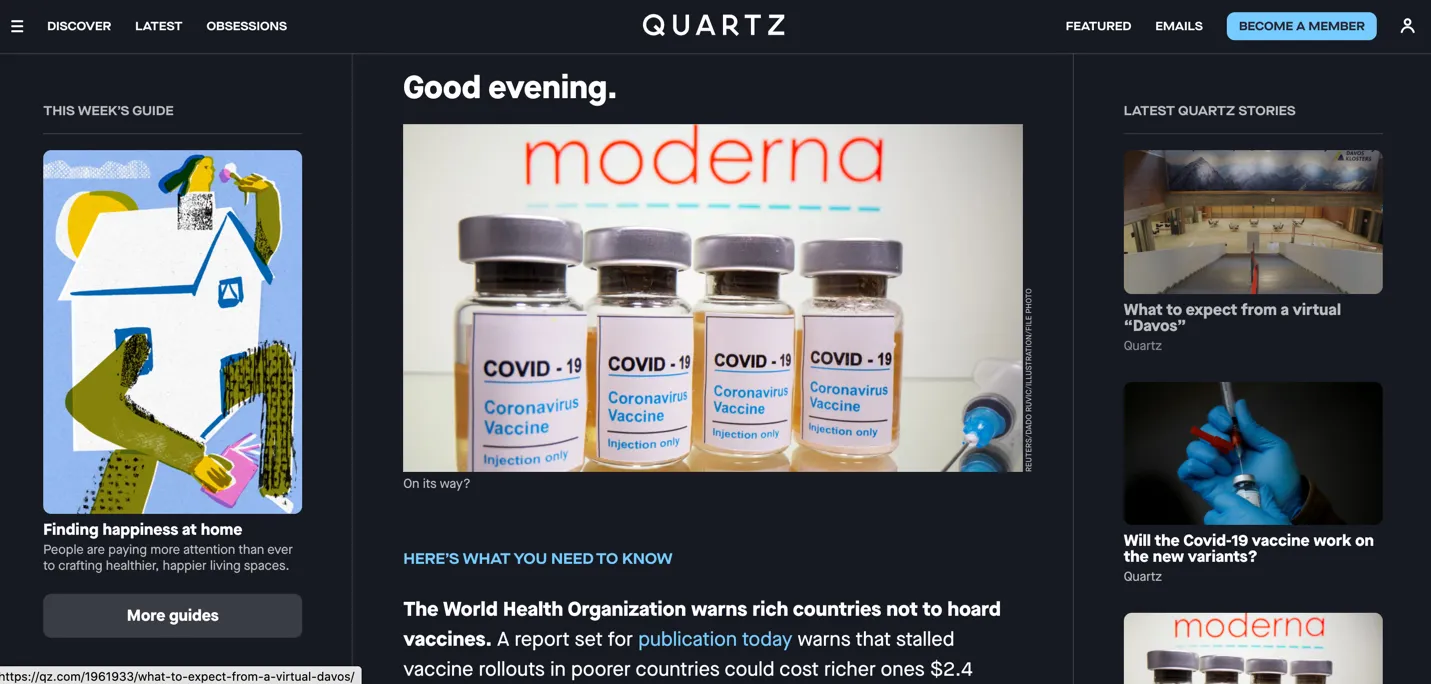 Image of Quartz business news membership site home page