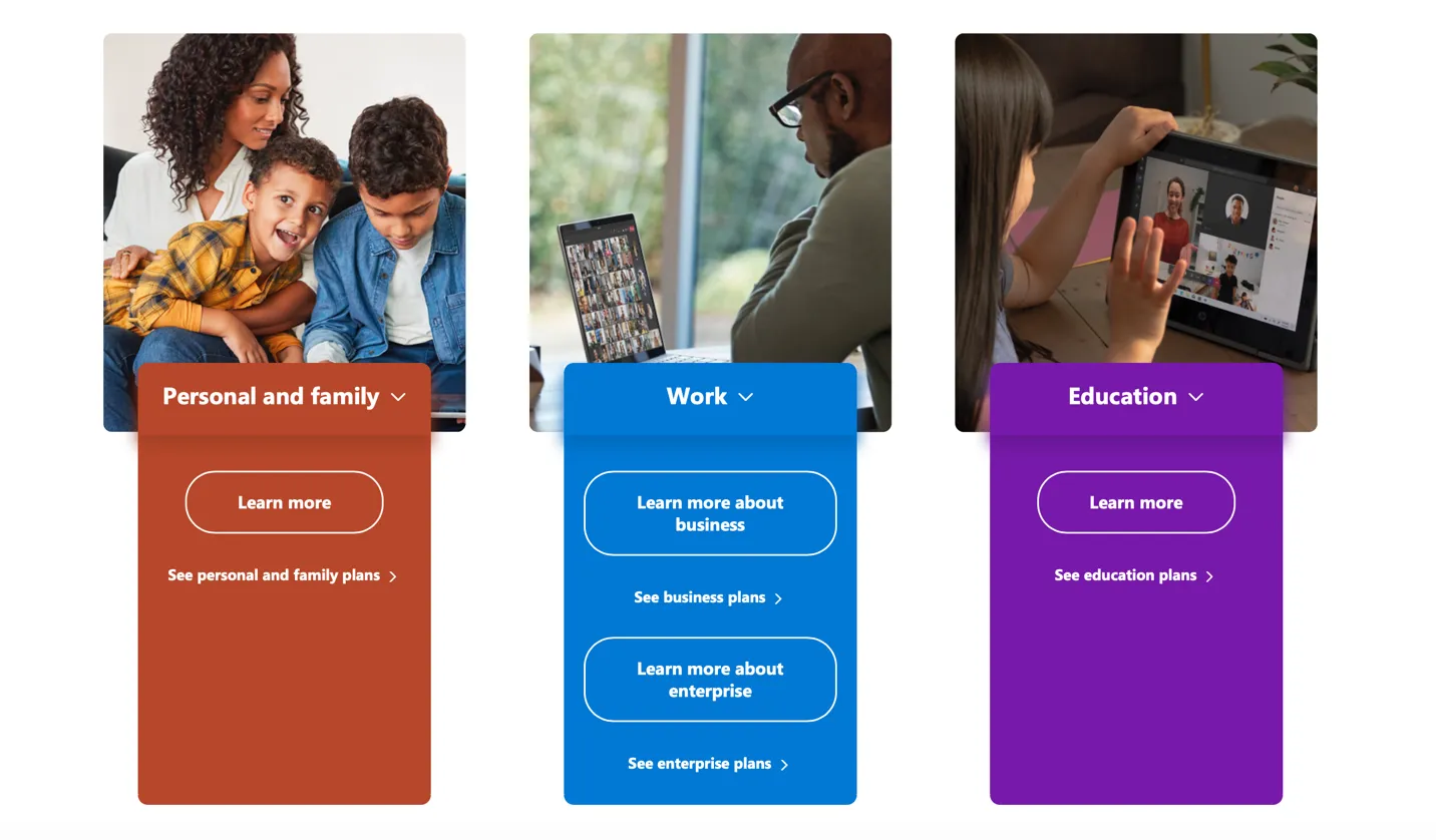 View of Microsoft Office subscription options for personal and family, work, and education subscriptions