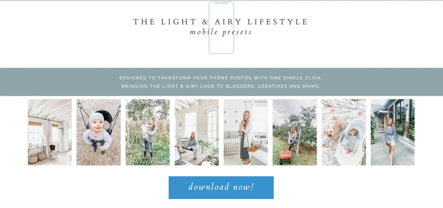 Image of Light & Airy mobile preset page with examples of photos with presets applied