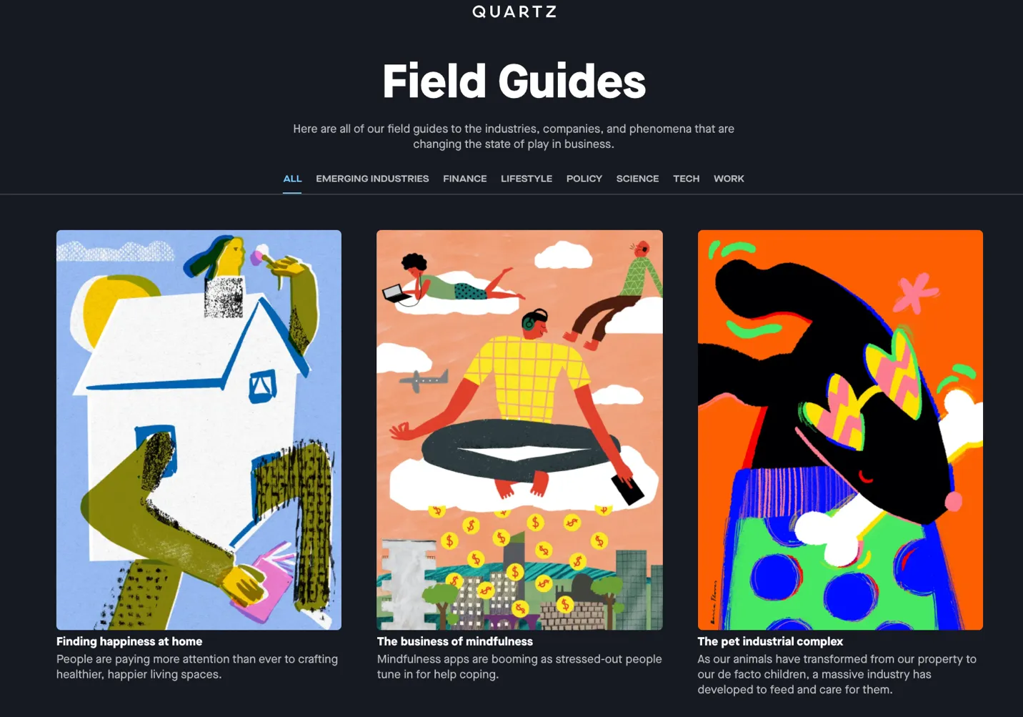 Quartz Field Guides page showing three niche topics that lead to multiple content pieces