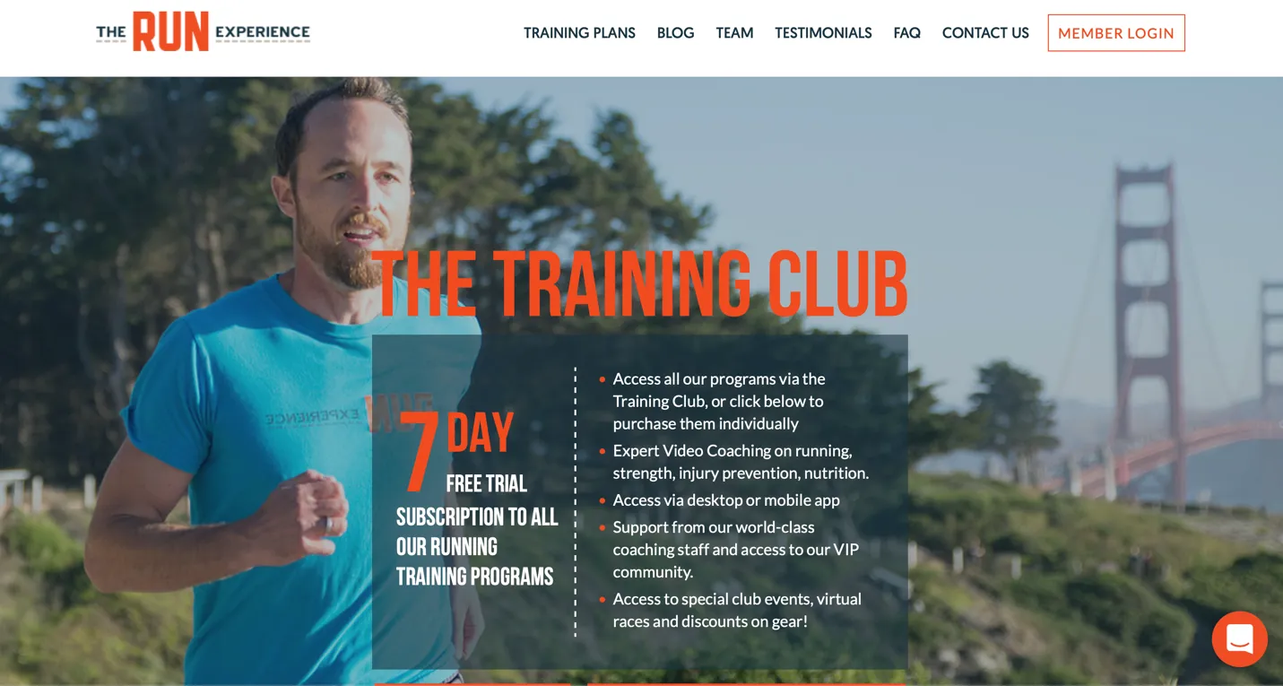 View of The Run Experience's training page offering 7-day trial, featuring male coach running with Golden Gate Bridge in the background