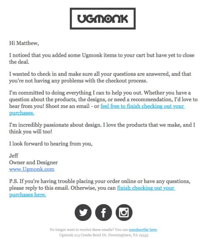 Text based cart abandonment email from Ugmonk