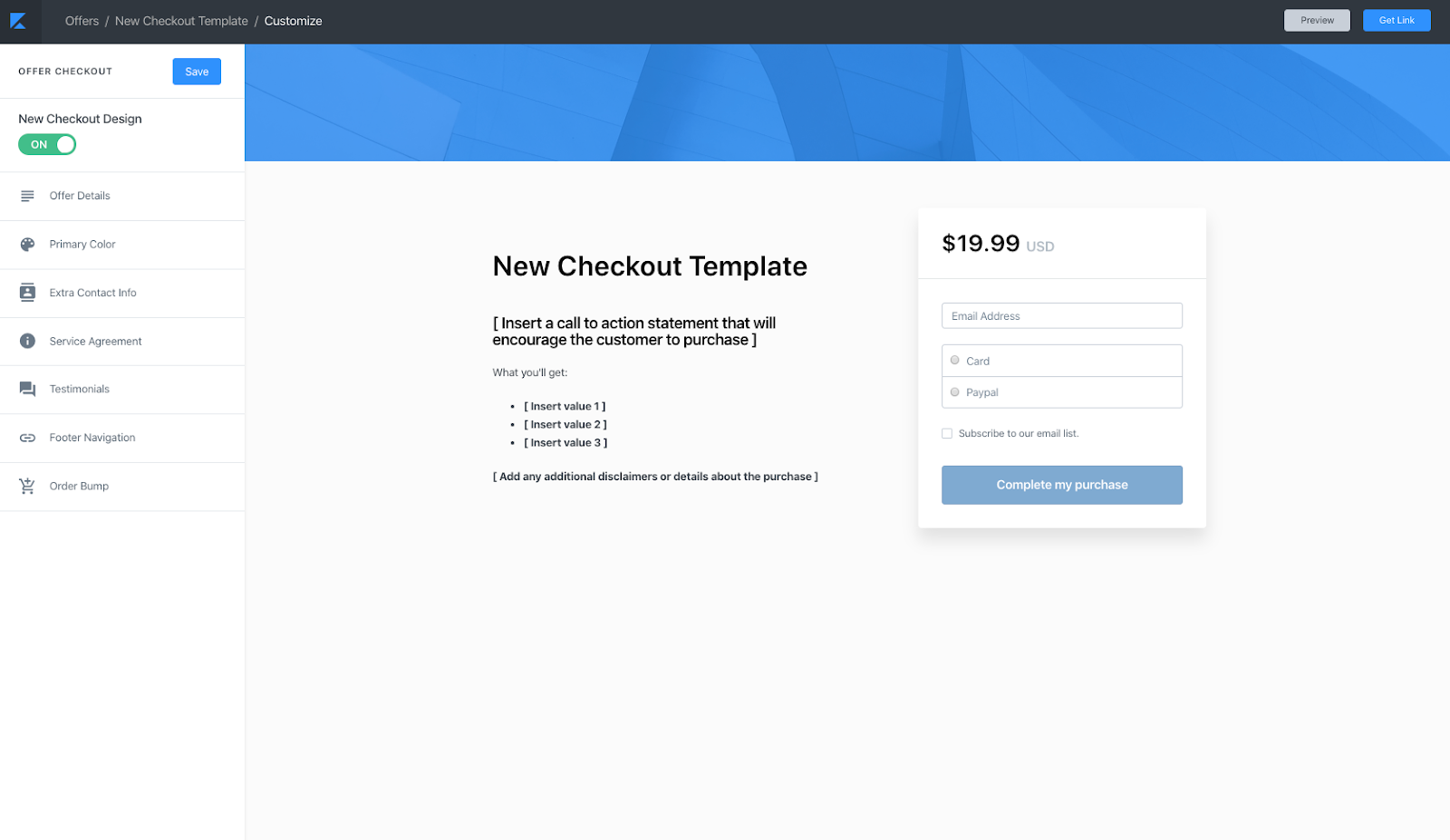 Offer checkout customization page in Kajabi app