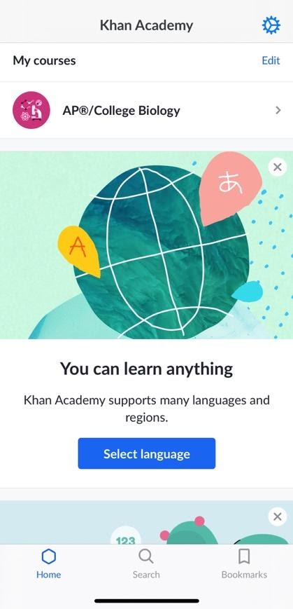 A screenshot of the Khan Academy iOS app