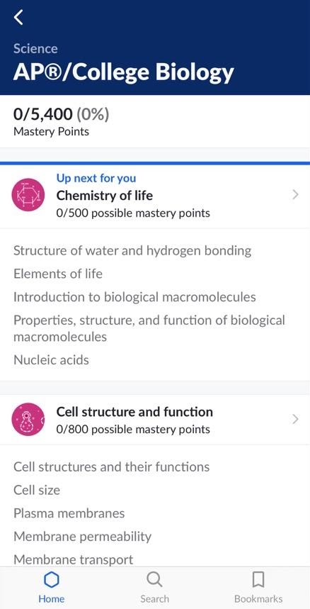 A screenshot of the Khan Academy iOS app