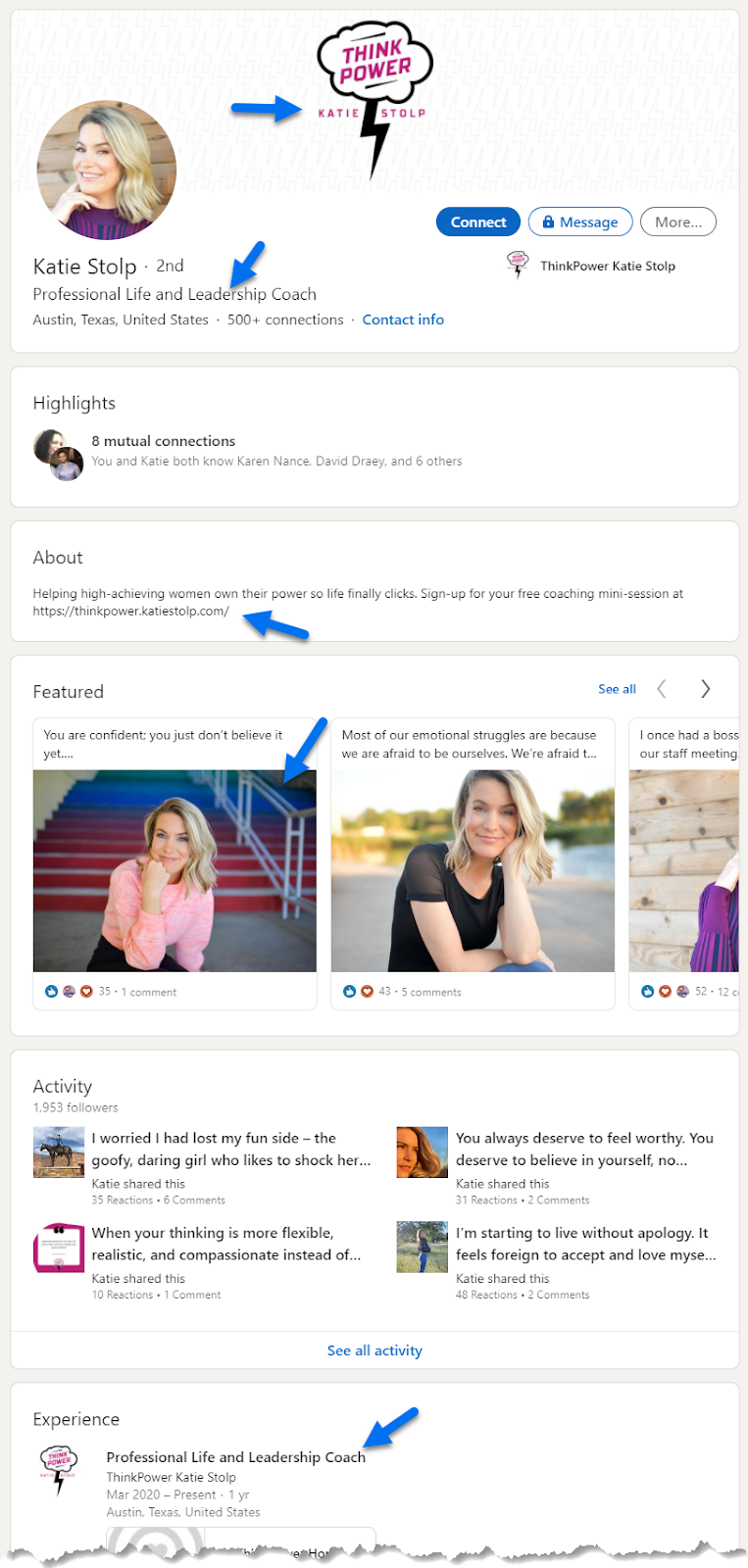 Life coach Katie Stolp's LinkedIn profile