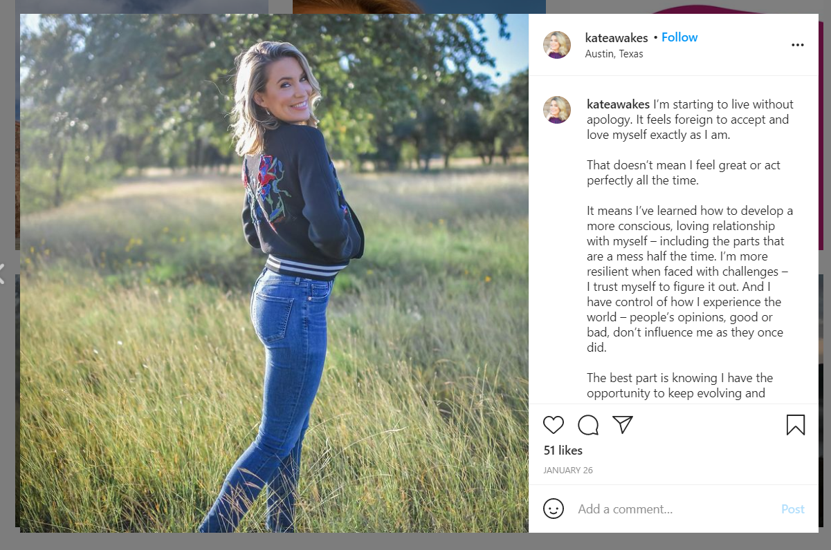 Katie Stolp's January 2021 Instagram post, a photo of her in a field