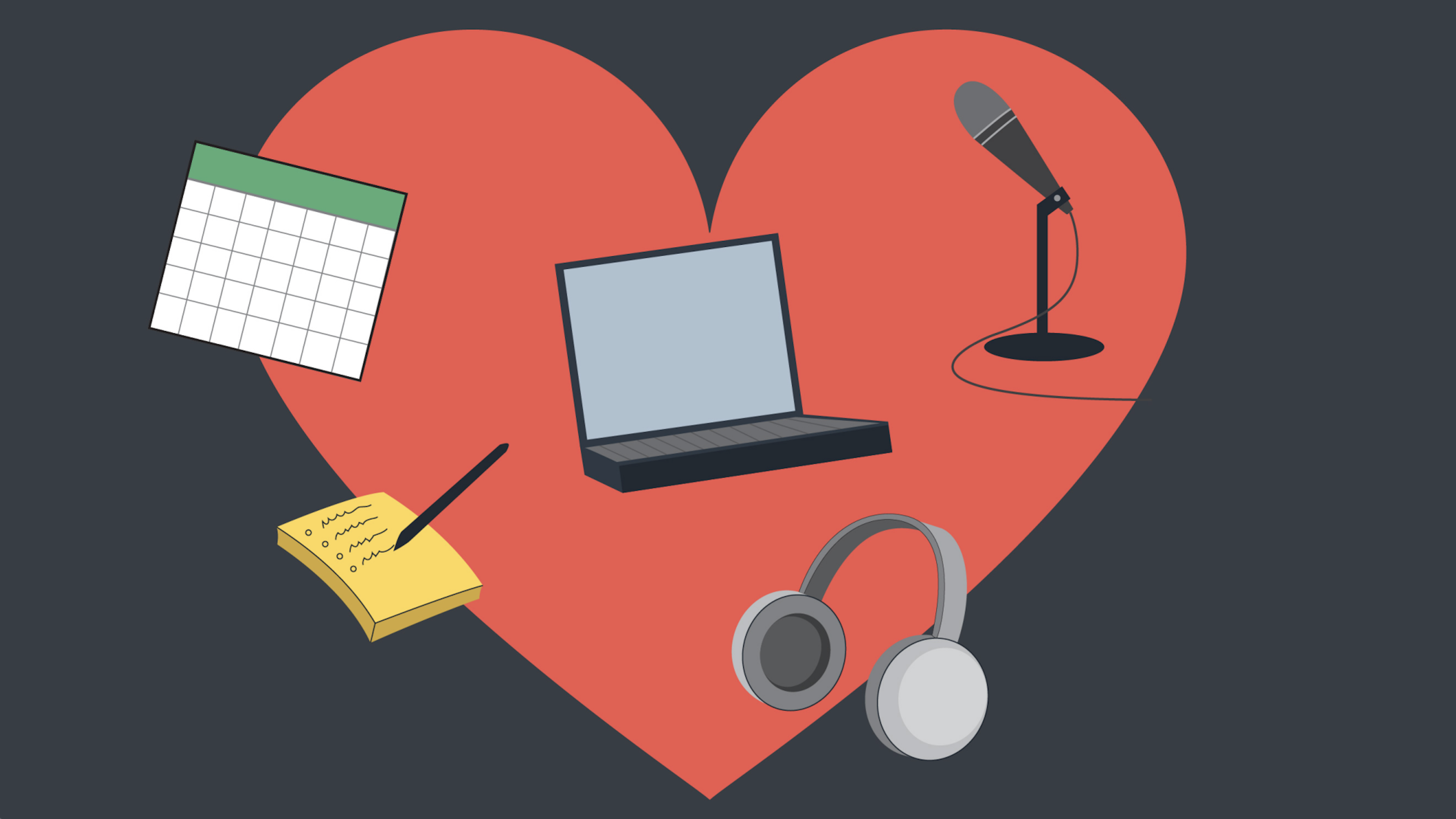 Illustration with a heart in the background that includes a computer, microphone and calendar
