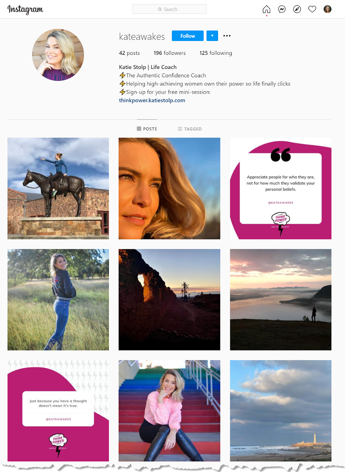 Life coach Katie Stolp's Instagram page, @kateawakes
