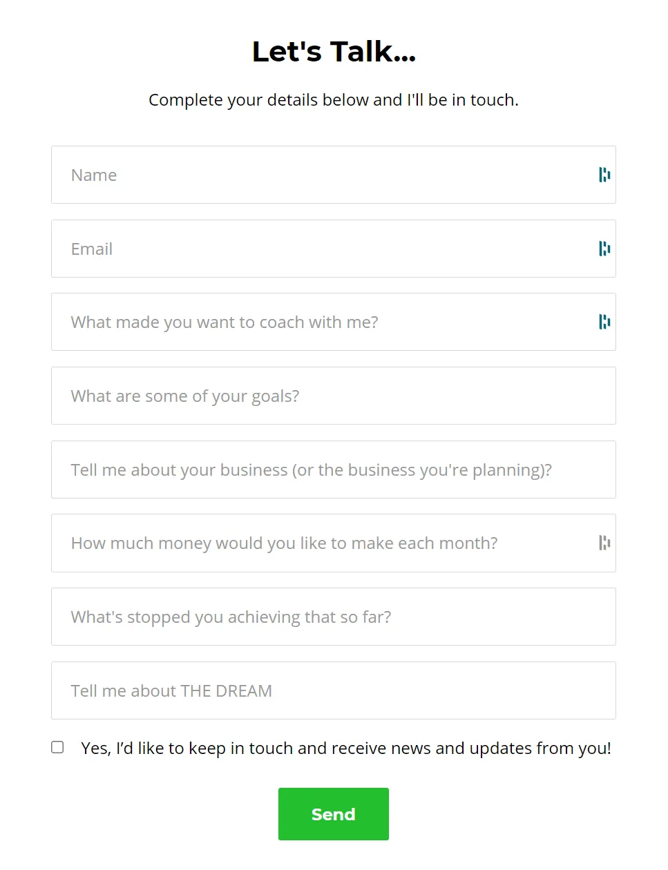Screenshot of a client intake form with 8 fields diving into the clients' needs and goals