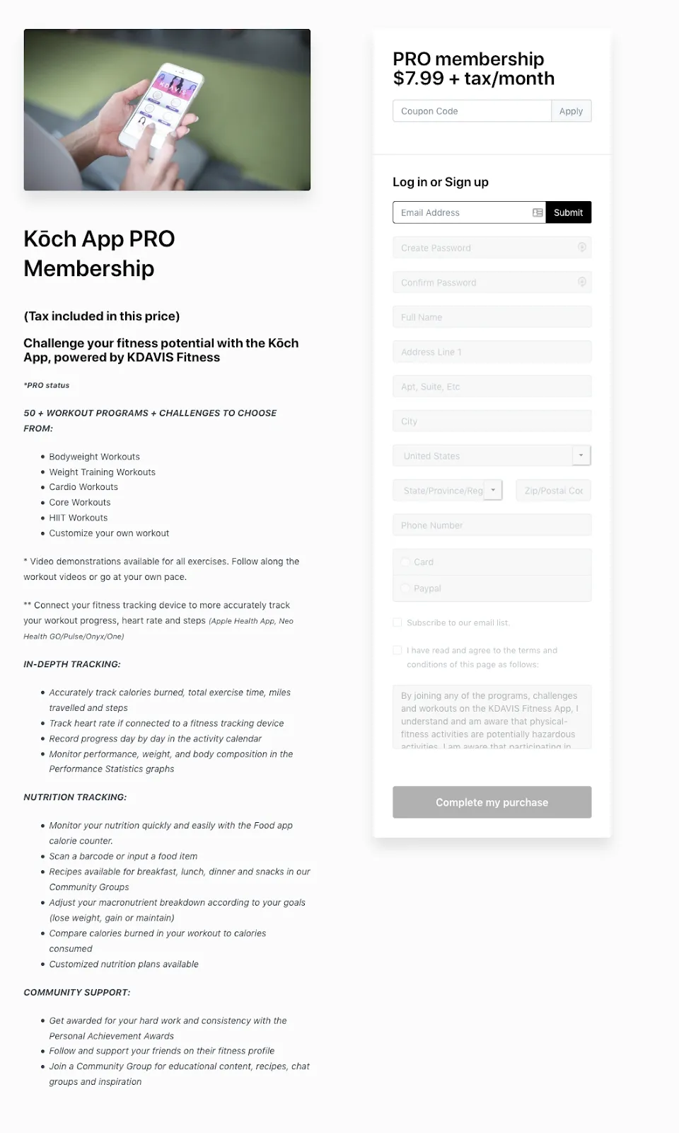 Koch App Pro Membership with order form sales page