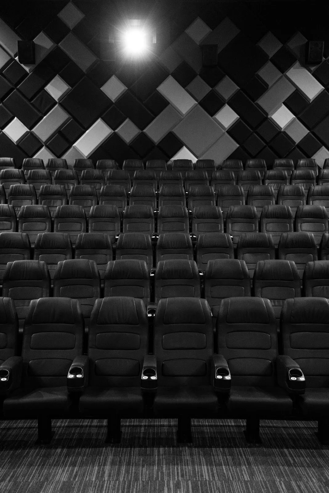 Black and white photo of an auditorium with audio panels at the back wall behind the rows of seats