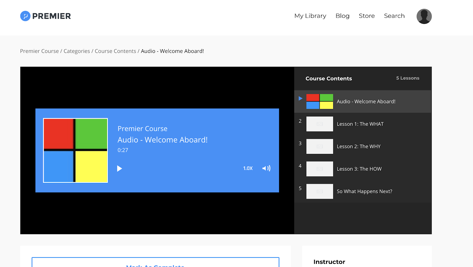 Example of an audio course on Kajabi with 5 episodes
