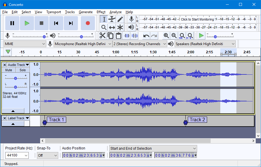 Screenshot of the Audacity software program