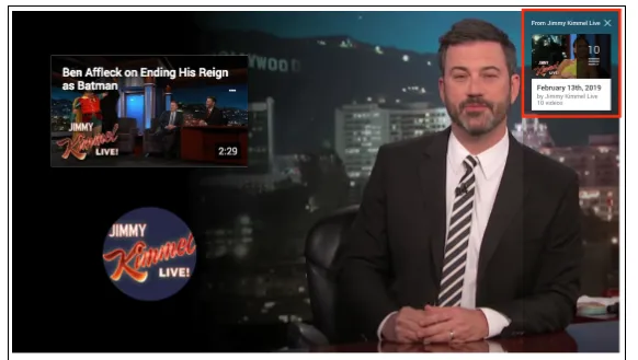 Screenshot of a sponsored card ad on a YouTube video of Jimmy Kimmel