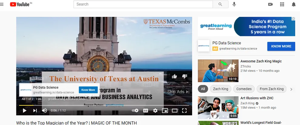 Screenshot of a skippable video ad for the University of Texas on Youtube