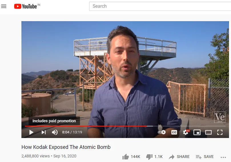 Example of disclosing a paid promotion on a YouTube video about Kodak