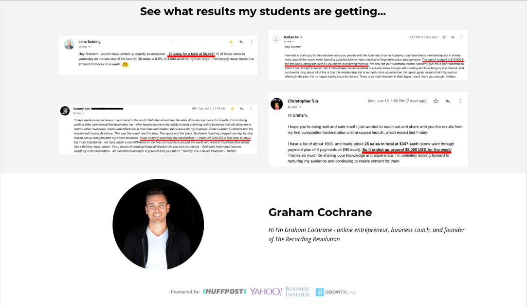 Customer testimonials on Graham Cochrane’s website
