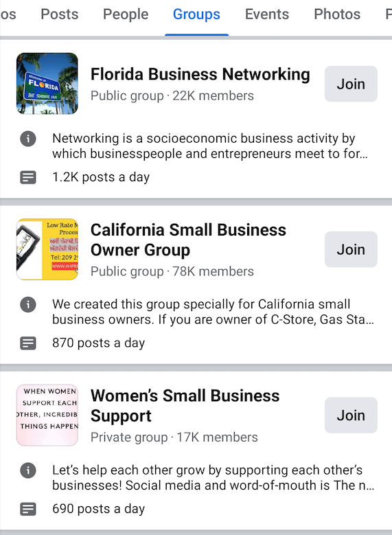 Screenshot of three Facebook groups: Florida business networking, California Small Business Owner Group, and Women's Small Business Support