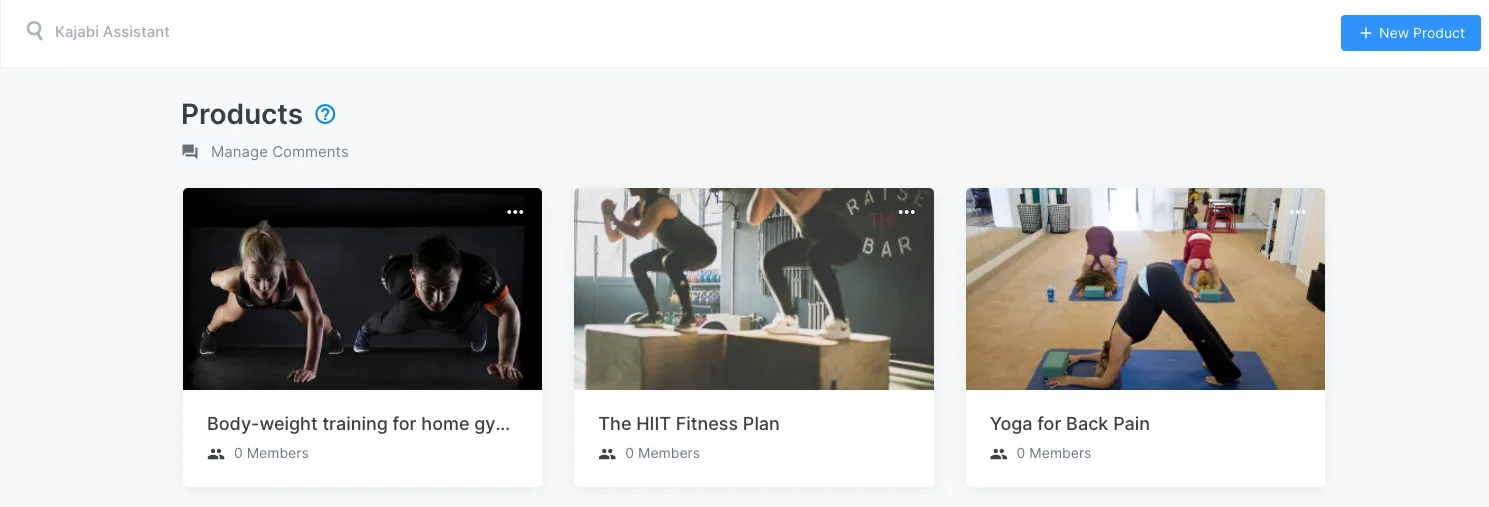 Screenshot of the Kajabi product creator showcasing three fitness courses