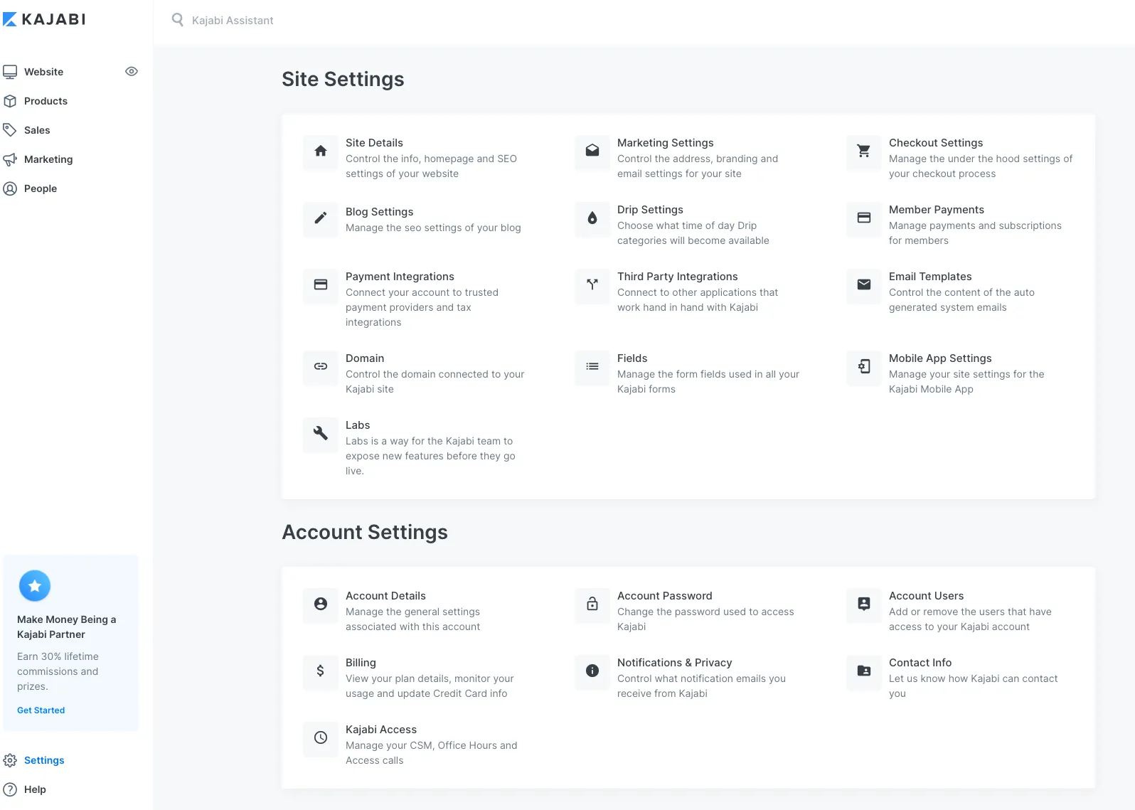 The Kajabi Site Settings screenshot