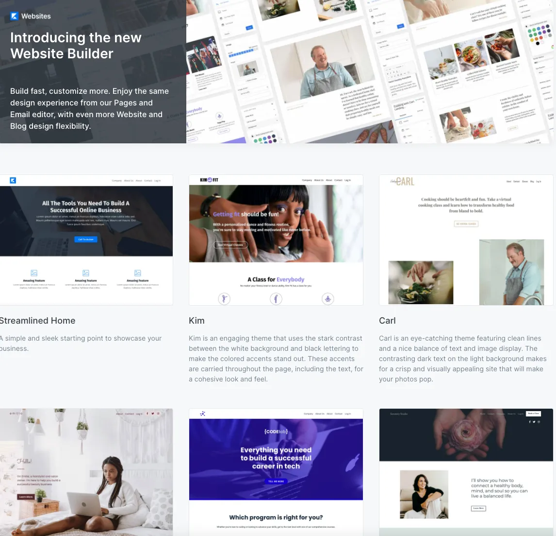 Screenshot of the Kajabi website builder template page