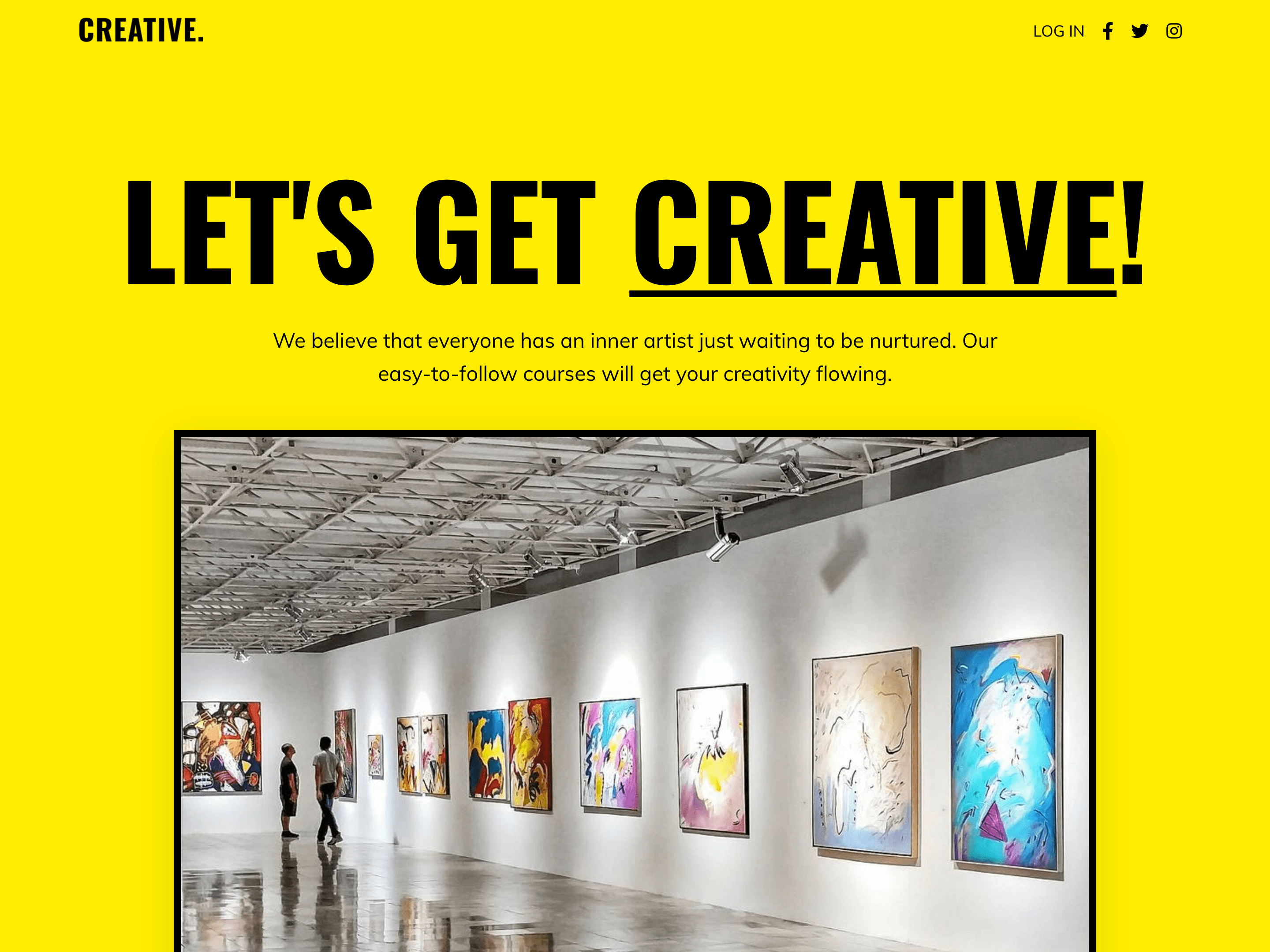 Screenshot of a website template with a yellow backgroud, image of an art gallery, and text that says let's get creative!v