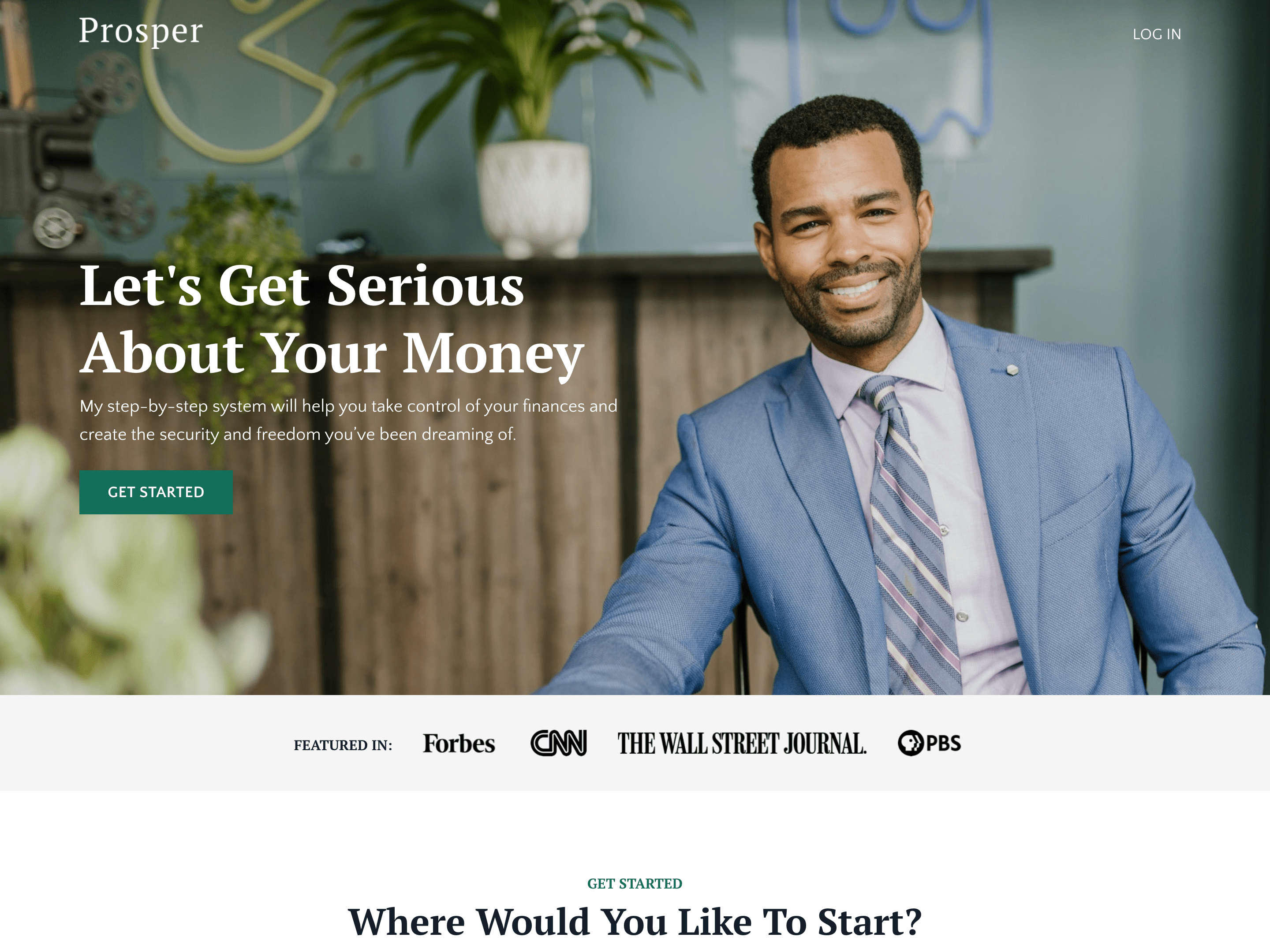 screenshot of a website template with a photo of a man in a suit and copy that says Let's get serious about your money