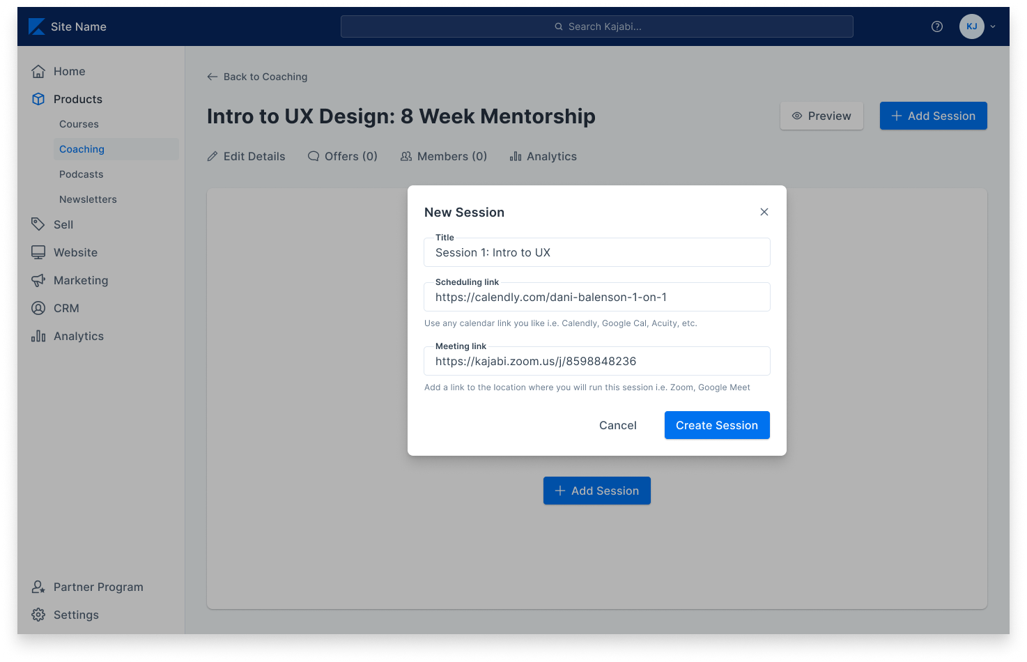 Screenshot of the Kajabi app; creating anew coaching session with a title, scheduling link, and meeting link