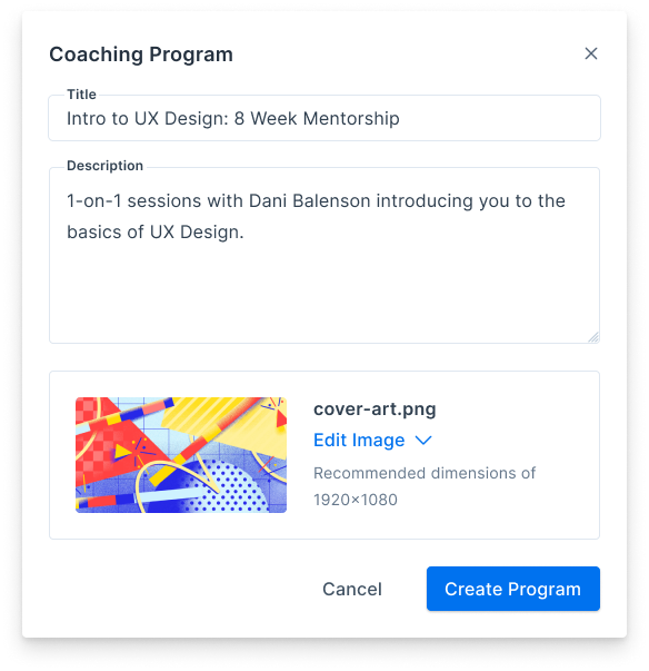 Screenshot of the module in Kajabi to add a title, description, and cover art to a coaching session