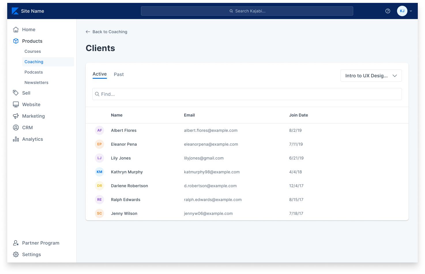 Screenshot of the Kajabi app coaching section client list