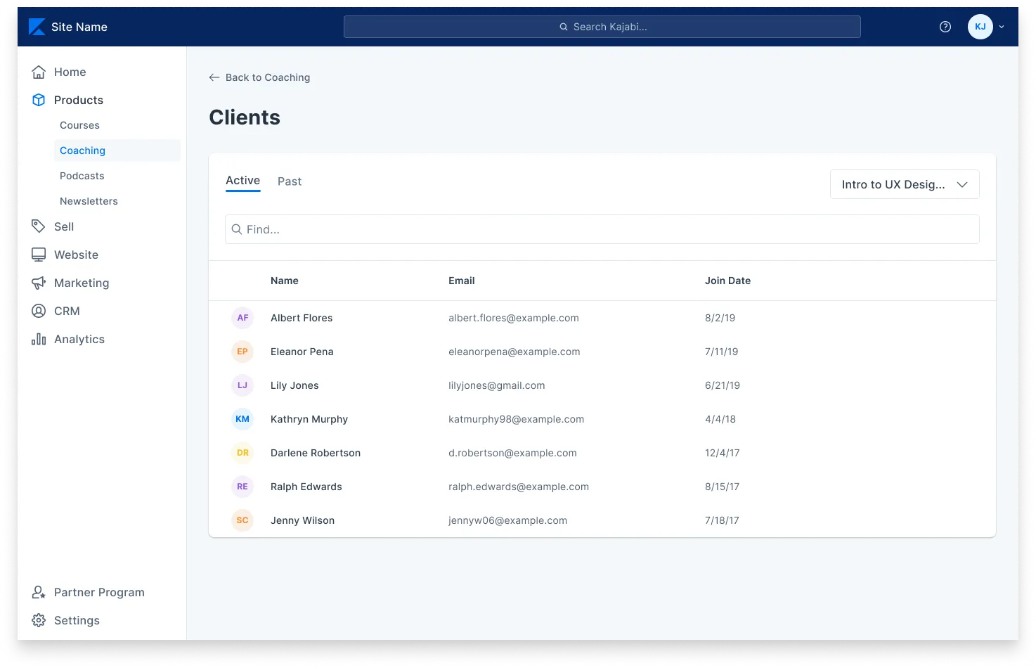 Screenshot of the Kajabi app coaching section client list
