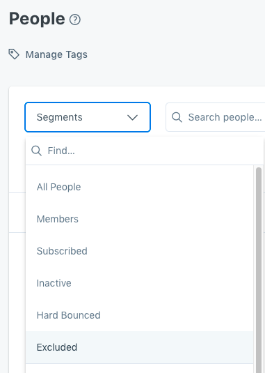 Screenshot of the Kajabi app showing a new Excluded default segment in the People tab