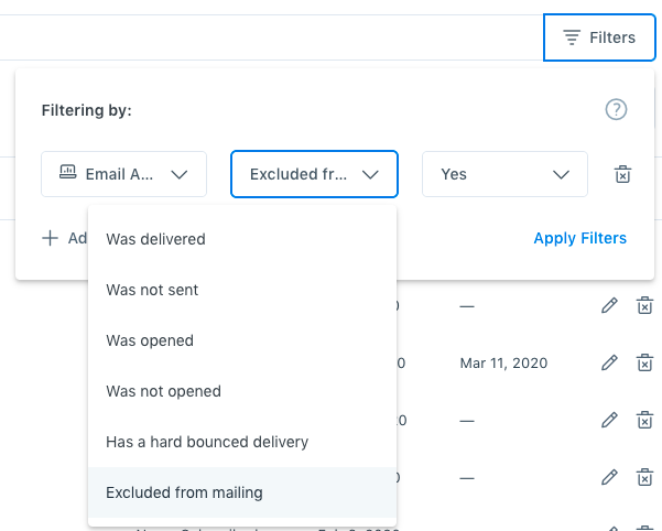 Screenshot of the Kajabi app showing the Excluded from mailing filter