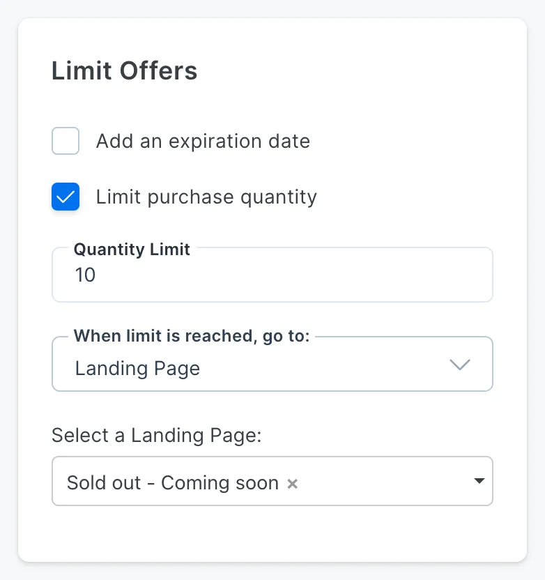 Screenshot of the Kajabi app with limiting purchase quantity UI