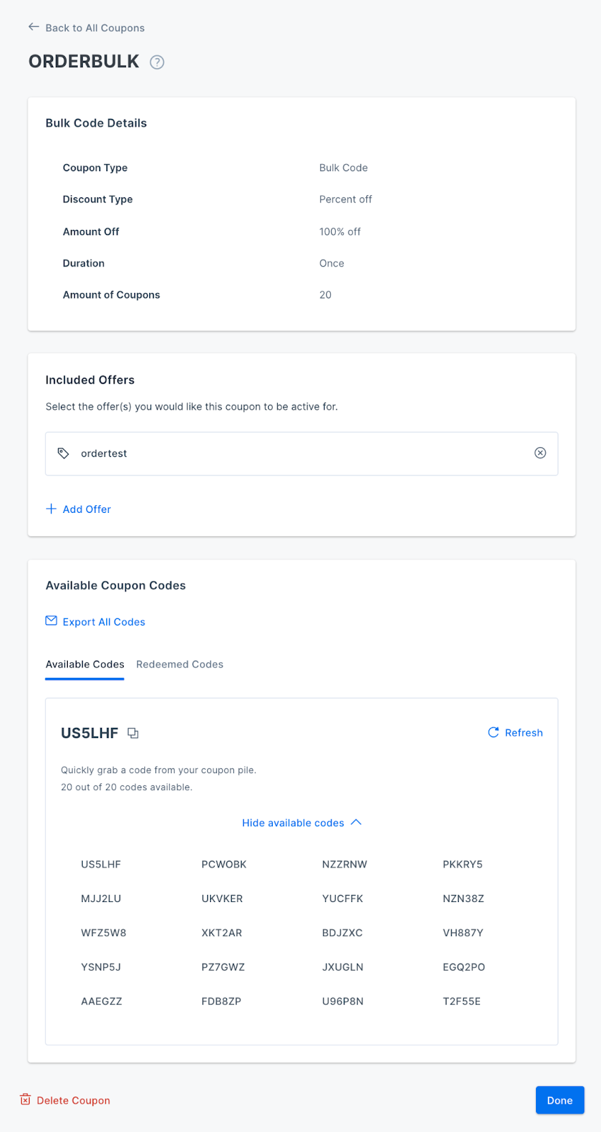Screenshot of the Kajabi app coupon details, showing bulk code details, included offers, and available coupon codes