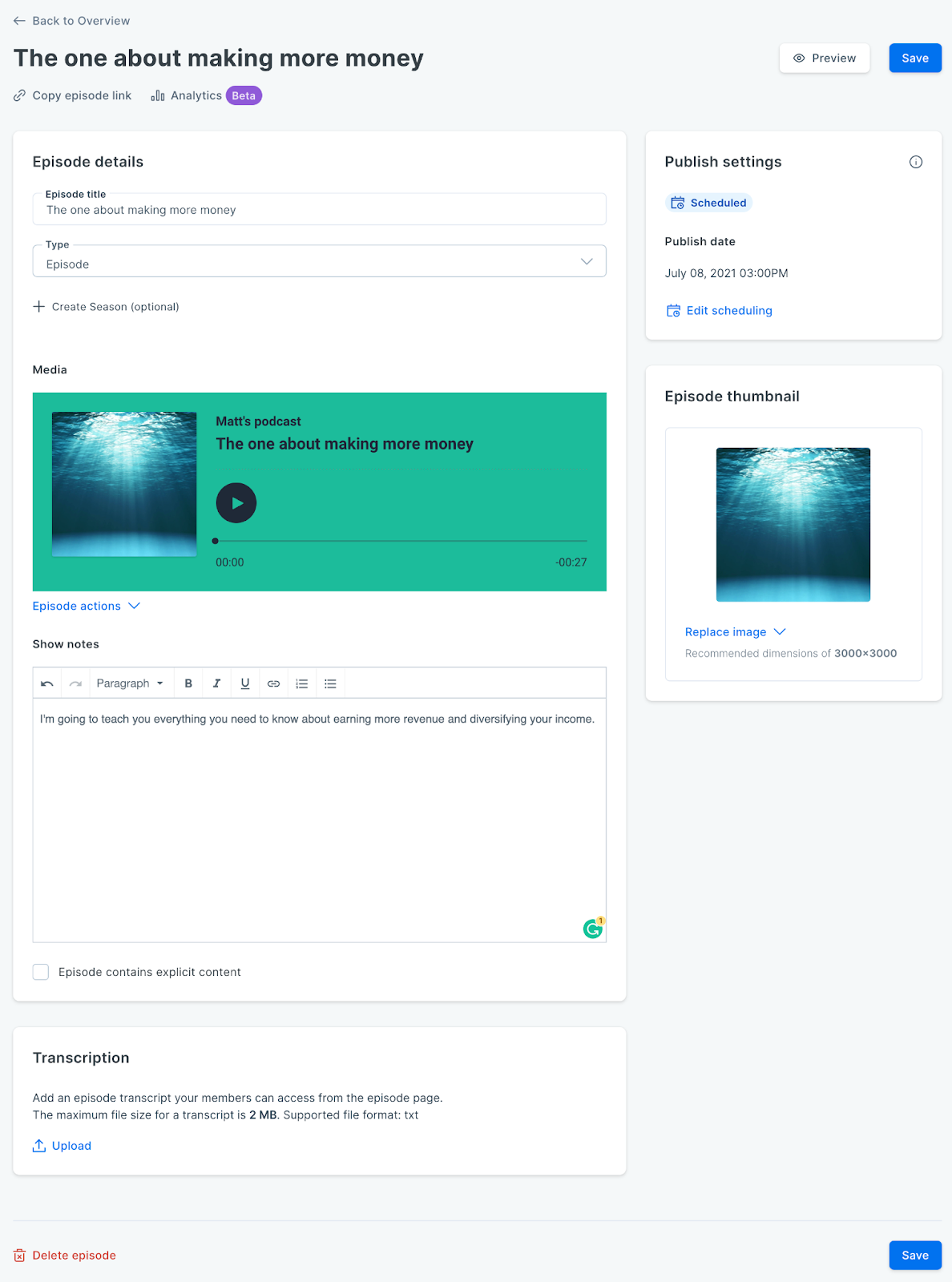 Screenshot of Kajabi app podcast episode creation page