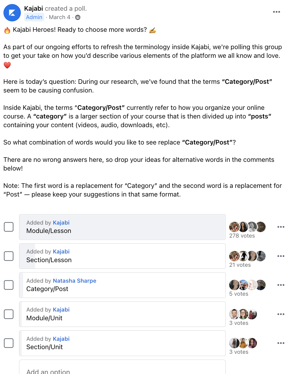 Post inside the Official Kajabi User Facebook Group polling customers about preferred terminology