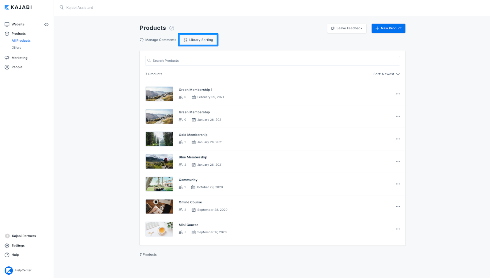 Screenshot of the Kajabi Labs Library Sorting product page