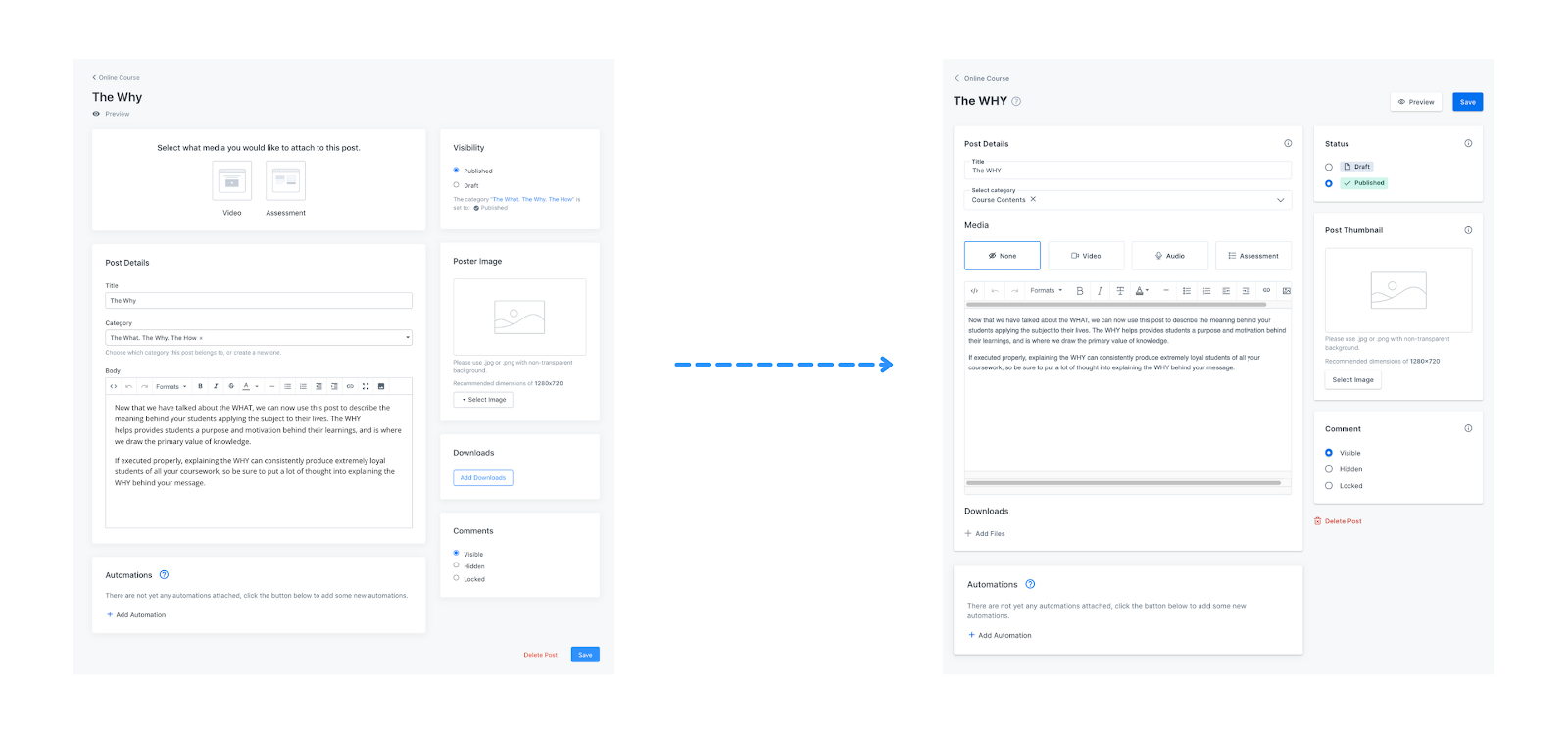 Screenshot showing the changes in the Kajabi Product Administration outline post view